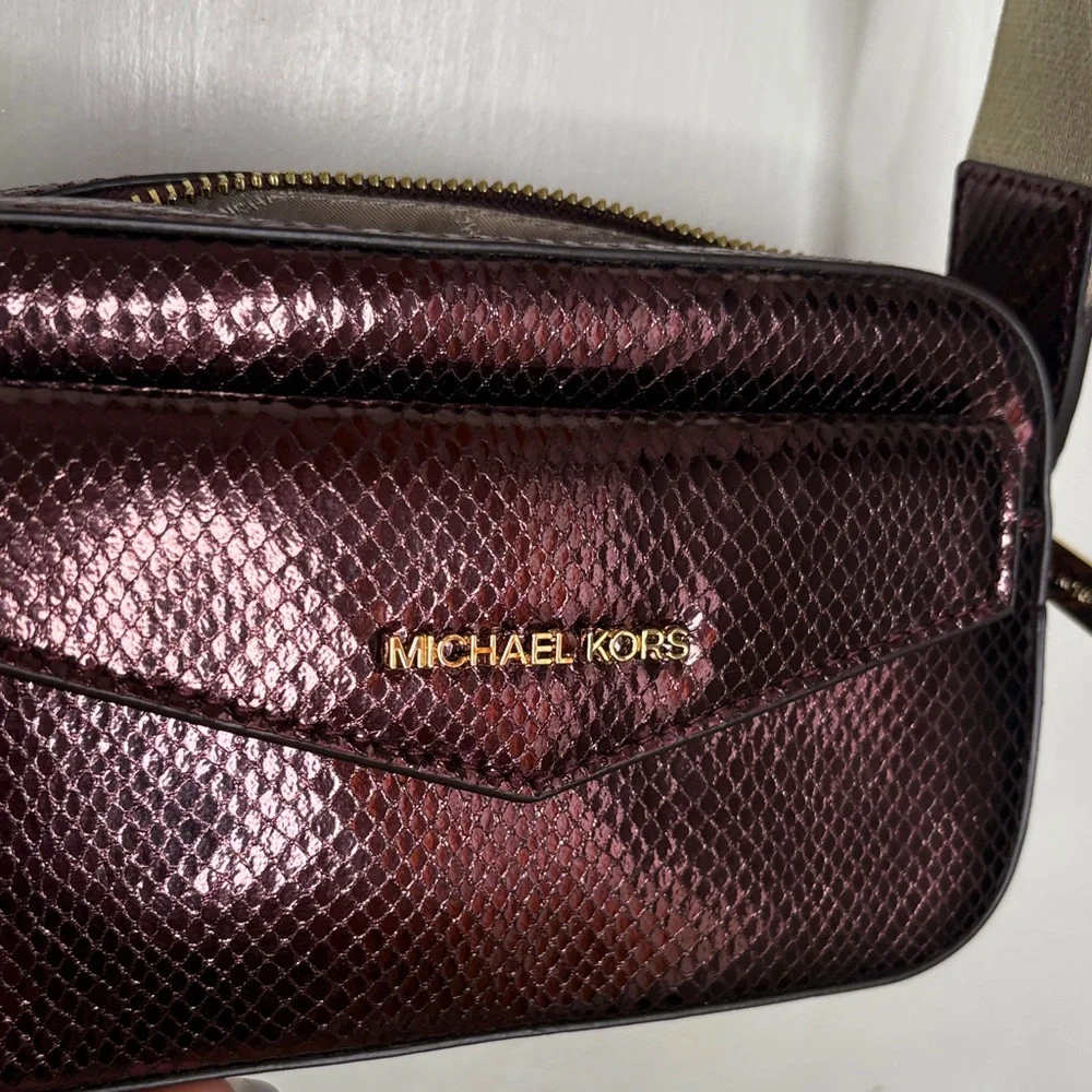 Michael Kors Maisie 2 in One Shimmering Maroon Burgundy Camera Bag Crossbody